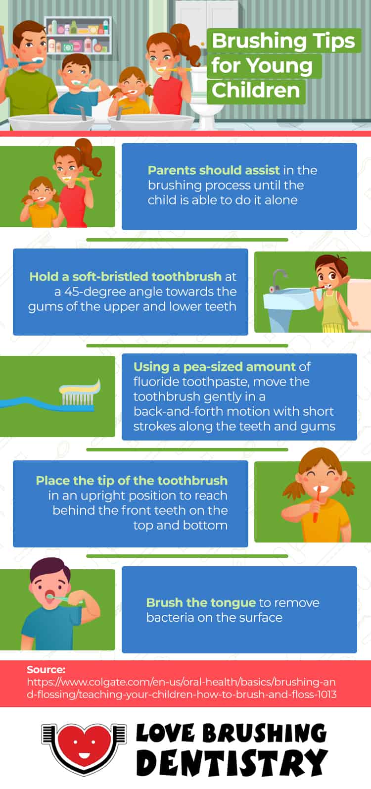 infographic displaying brushing tips for young children